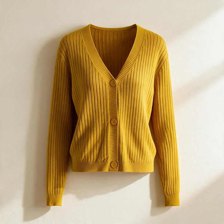 Cardigan Women Ribbed Cotton | V-Neck Button Front – Mustard#color_mustard