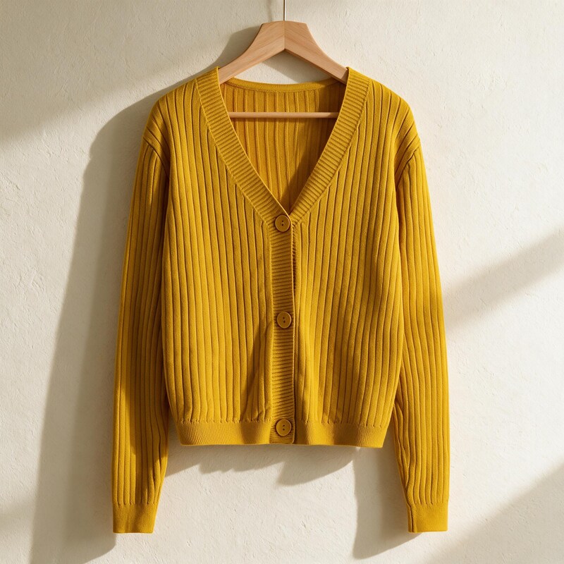 Cardigan Women Ribbed Cotton | V-Neck Button Front – Mustard#color_mustard