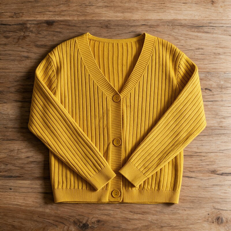 Cardigan Women Ribbed Cotton | V-Neck Button Front – Mustard#color_mustard