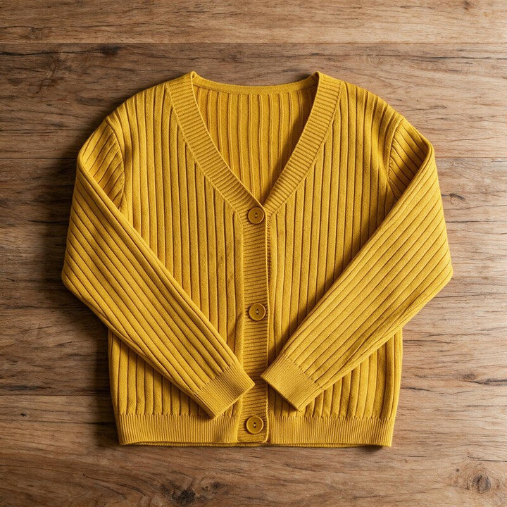 Cardigan Women Ribbed Cotton | V-Neck Button Front – Mustard#color_mustard