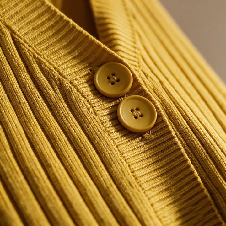 Cardigan Women Ribbed Cotton | V-Neck Button Front – Mustard#color_mustard
