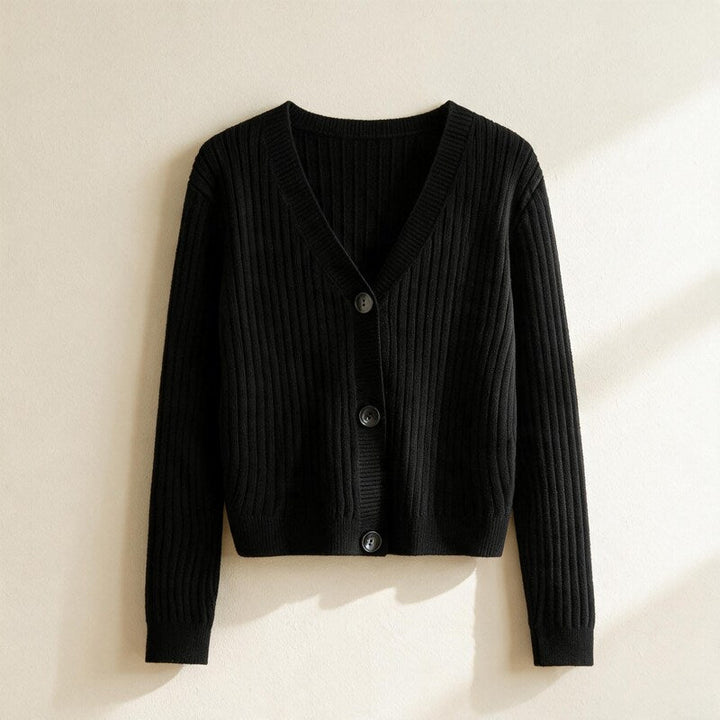 Cardigan Women Ribbed Cotton | V-Neck Button Front – Black#color_black