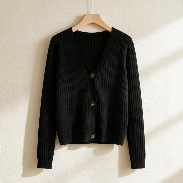 Cardigan Women Ribbed Cotton | V-Neck Button Front – Black#color_black