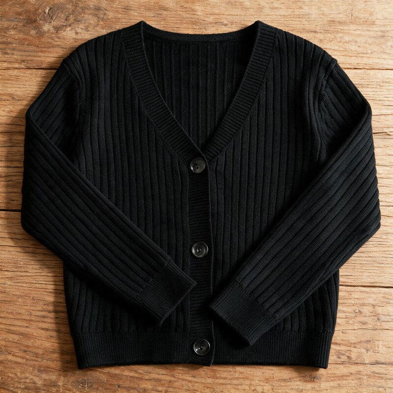 Cardigan Women Ribbed Cotton | V-Neck Button Front – Black#color_black