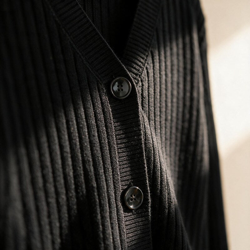 Cardigan Women Ribbed Cotton | V-Neck Button Front – Black#color_black