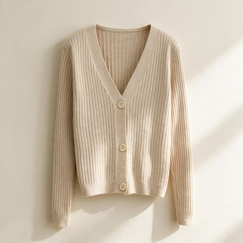 Cardigan Women Ribbed Cotton | V-Neck Button Front – Beige#color_beige