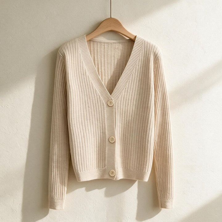Cardigan Women Ribbed Cotton | V-Neck Button Front – Beige#color_beige