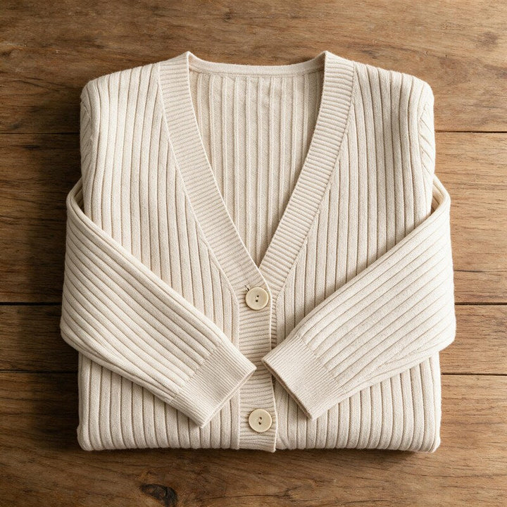 Cardigan Women Ribbed Cotton | V-Neck Button Front – Beige#color_beige