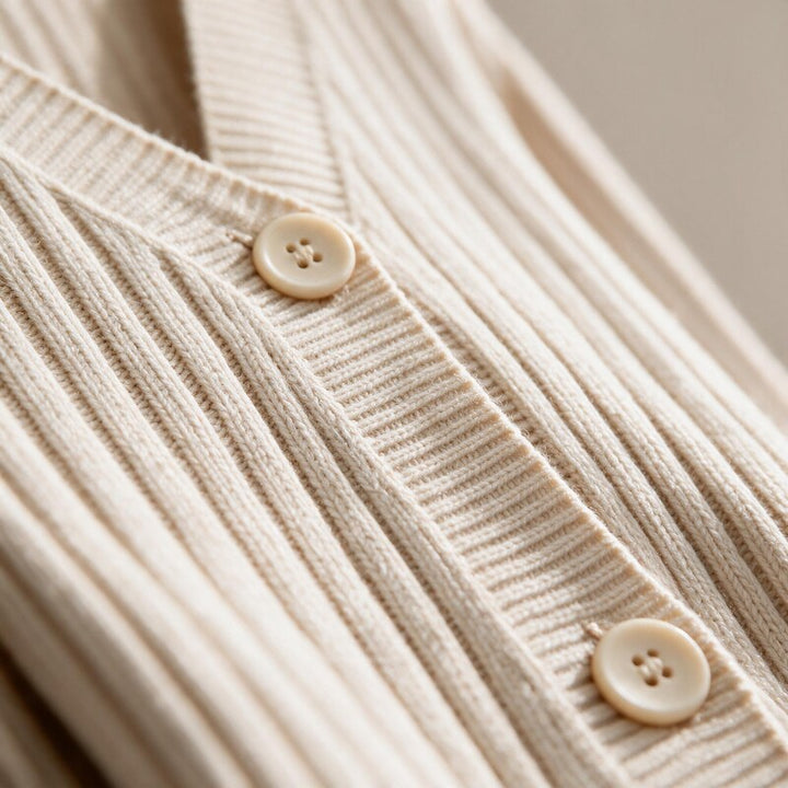Cardigan Women Ribbed Cotton | V-Neck Button Front – Beige#color_beige