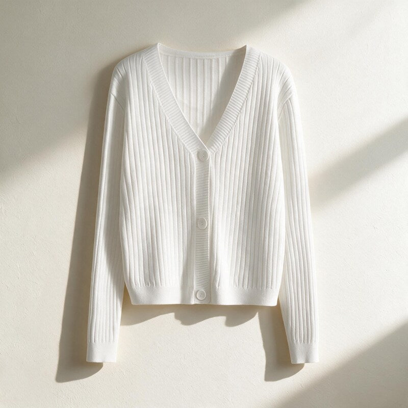 Cardigan Women Ribbed Cotton | V-Neck Button Front – White#color_white