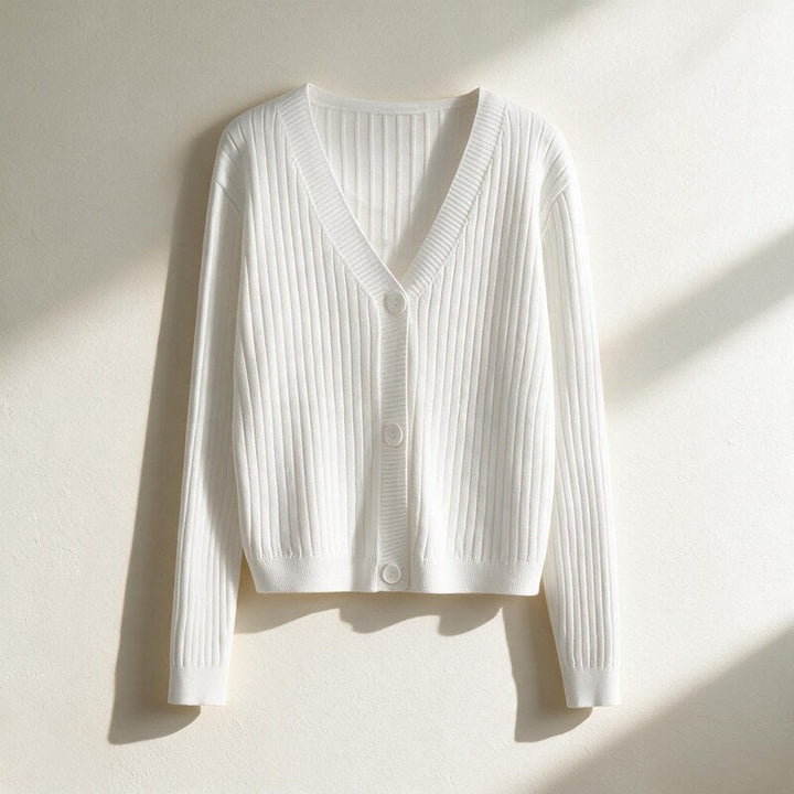 Cardigan Women Ribbed Cotton | V-Neck Button Front – White#color_white