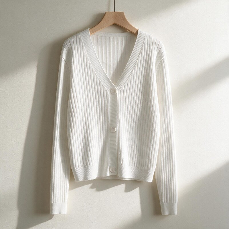 Cardigan Women Ribbed Cotton | V-Neck Button Front – White#color_white