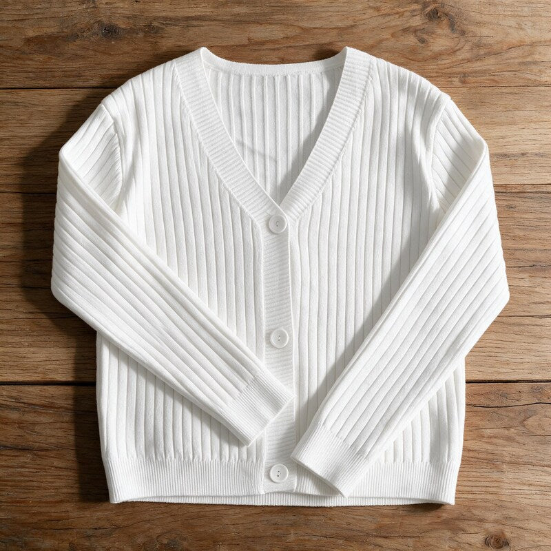 Cardigan Women Ribbed Cotton | V-Neck Button Front – White#color_white