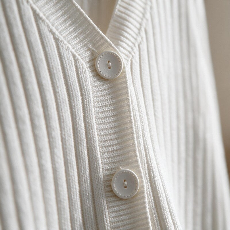 Cardigan Women Ribbed Cotton | V-Neck Button Front – White#color_white