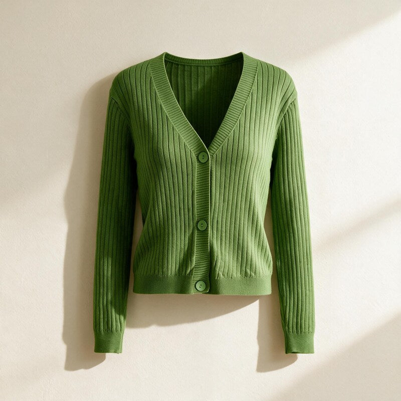 Cardigan Women Ribbed Cotton | V-Neck Button Front – Green#color_green