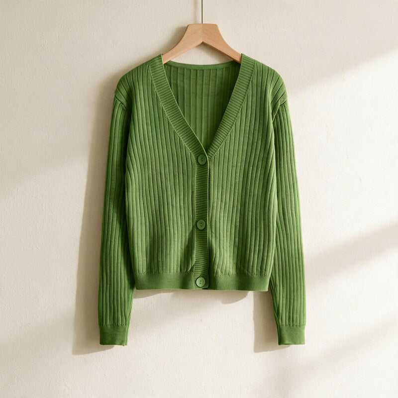 Cardigan Women Ribbed Cotton | V-Neck Button Front – Green#color_green