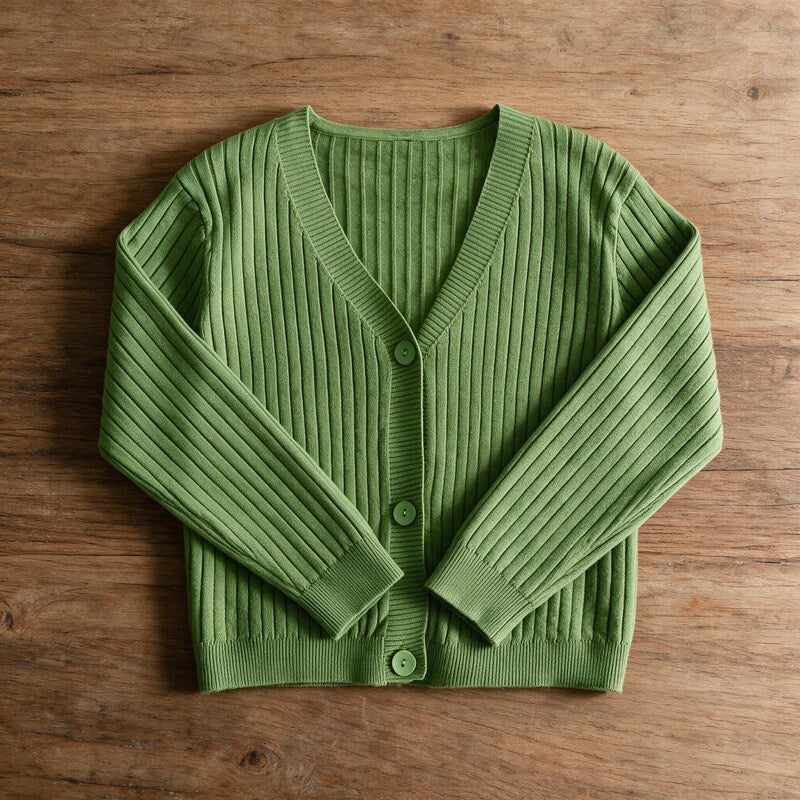 Cardigan Women Ribbed Cotton | V-Neck Button Front – Green#color_green