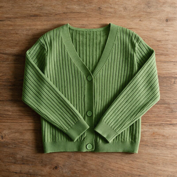 Cardigan Women Ribbed Cotton | V-Neck Button Front – Green#color_green