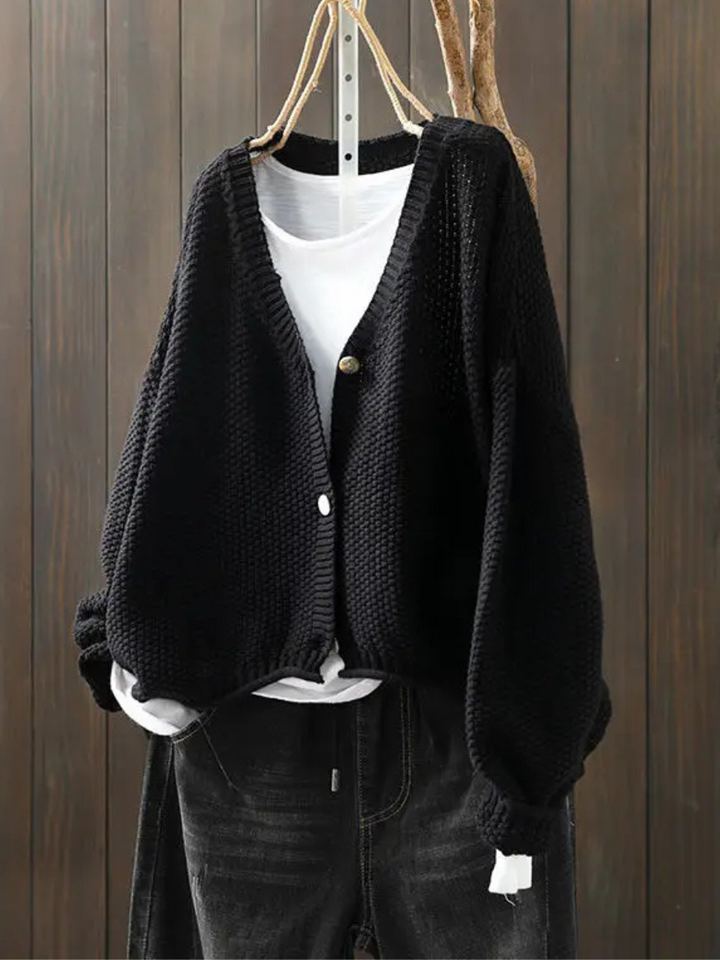 Cardigan Women Chunky Knit | Oversized with Balloon Sleeves – Black#color_black