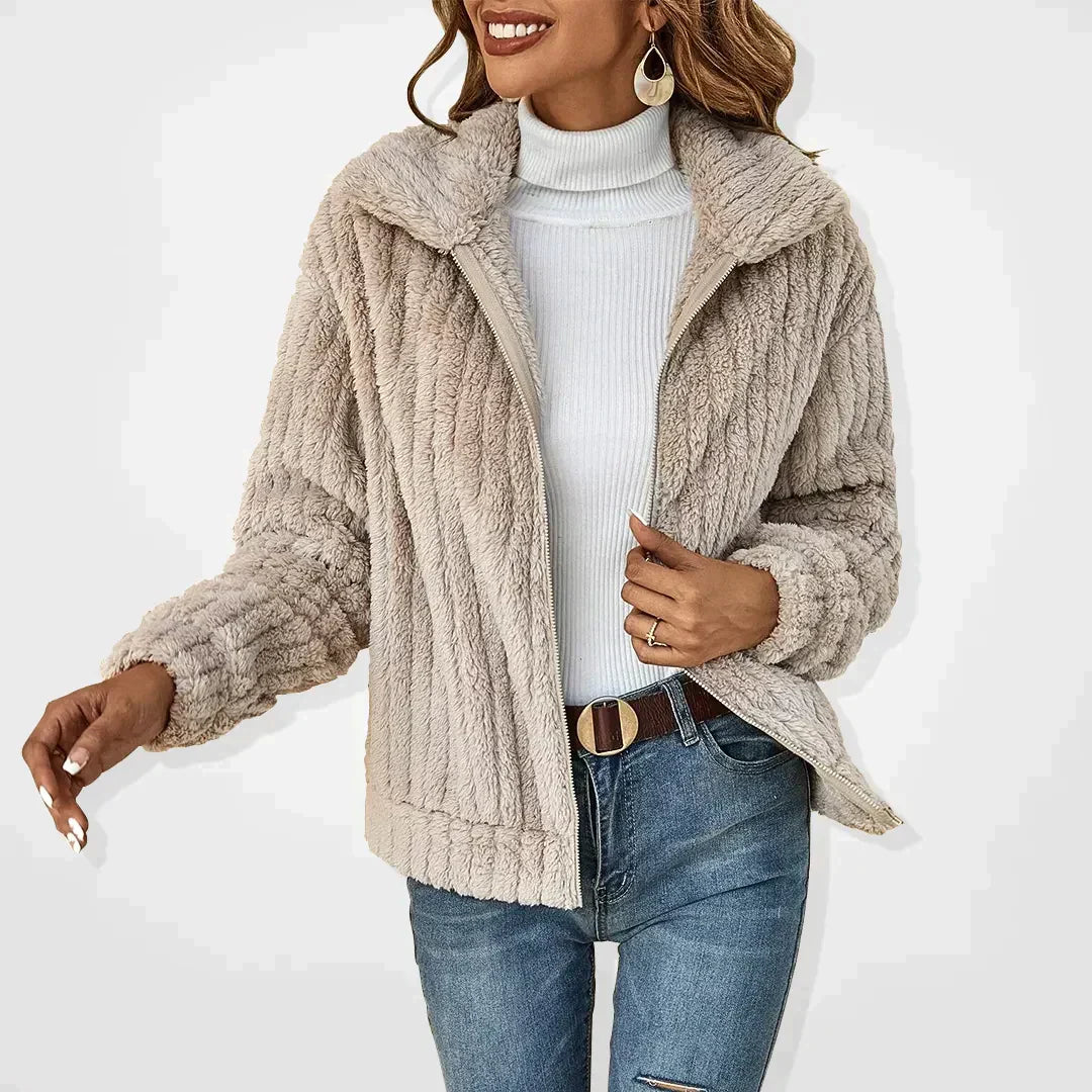 Cardigan Women Plush Knit Jacket | Wide Collar with Zip – Beige#color_beige