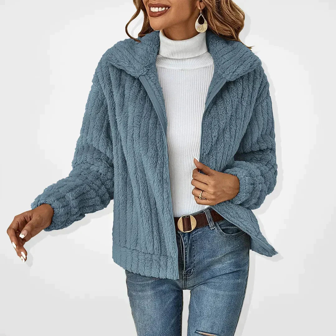 Cardigan Women Plush Knit Jacket | Wide Collar with Zip – Light Blue#color_light-blue