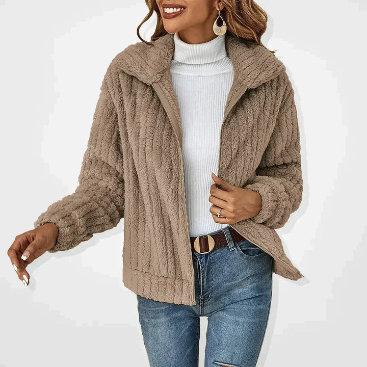Cardigan Women Plush Knit Jacket | Wide Collar with Zip – Taupe#color_taupe