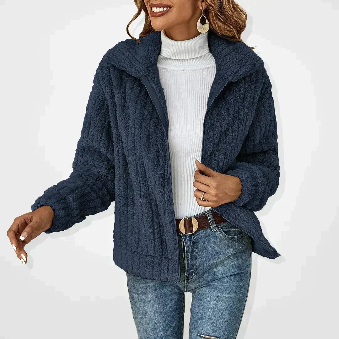 Cardigan Women Plush Knit Jacket | Wide Collar with Zip – Navy#color_navy