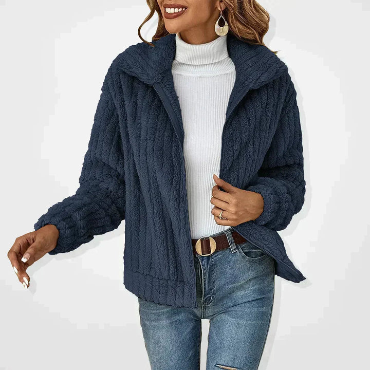 Cardigan Women Plush Knit Jacket | Wide Collar with Zip – Navy#color_navy