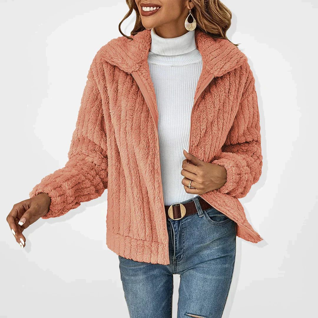 Cardigan Women Plush Knit Jacket | Wide Collar with Zip – Coral#color_coral