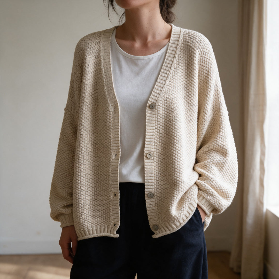 Woman wearing a cream chunky knit cardigan over a white top