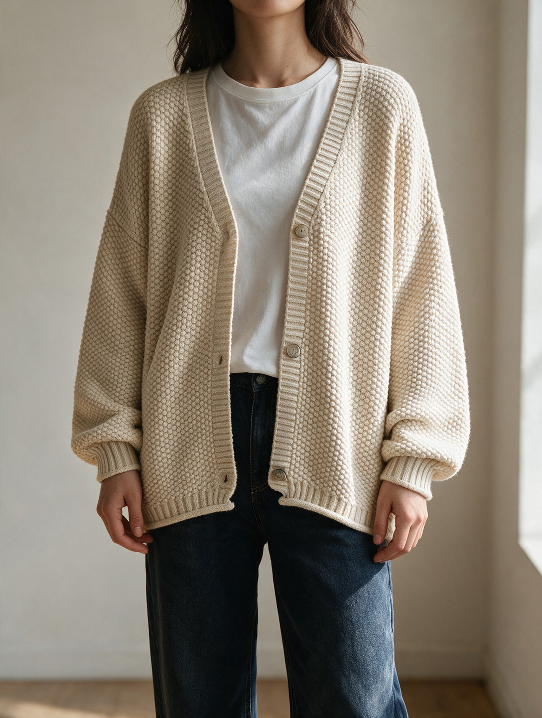 Cardigan Women Chunky Knit | Oversized with Balloon Sleeves – Cream hero#color_cream