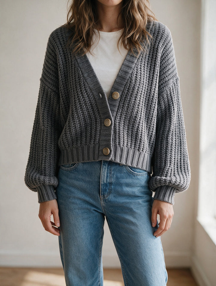 Cardigan Women Cropped Rib Knit | Big Buttons and Balloon Sleeves – Grey hero#color_grey