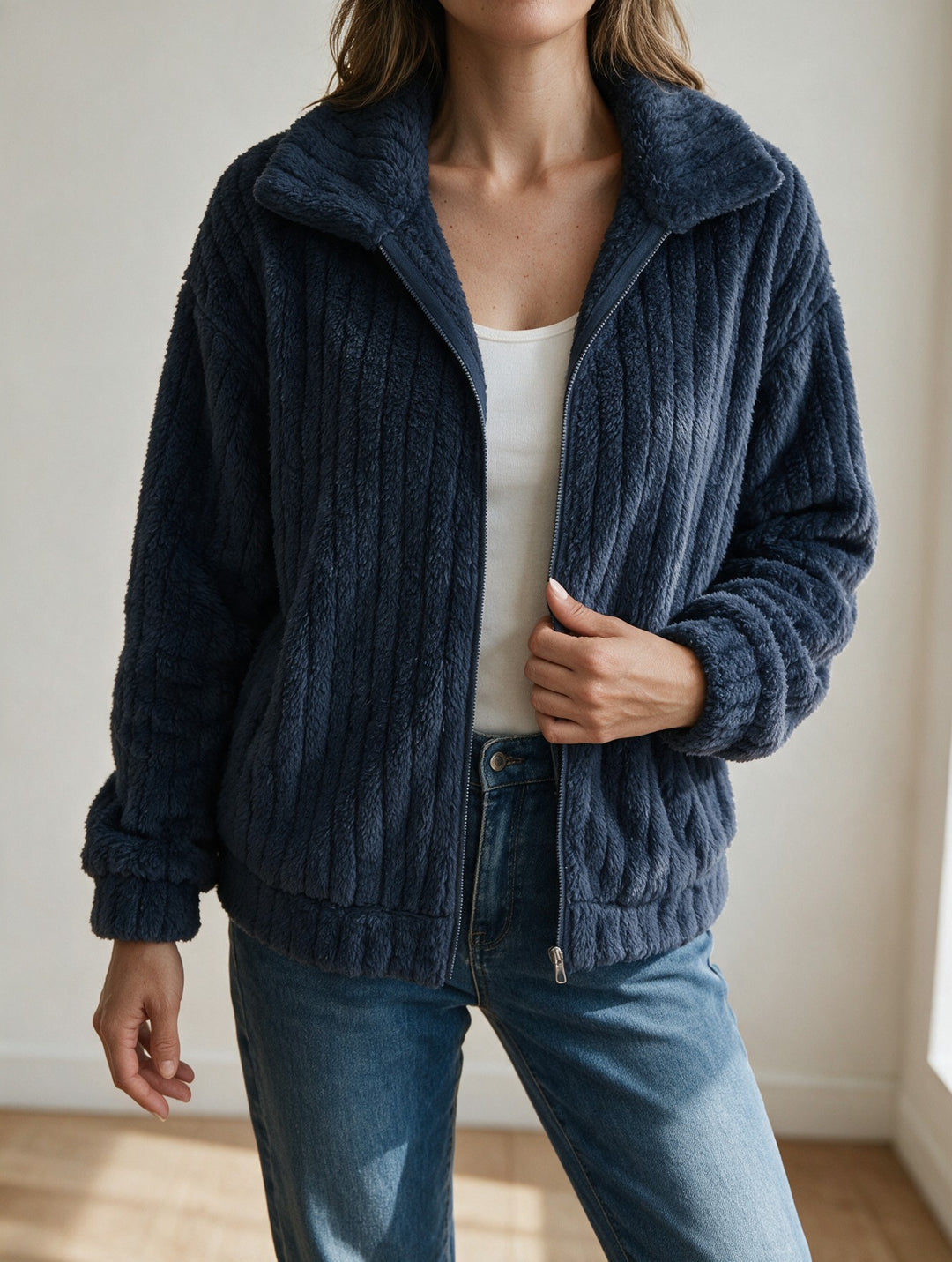 Cardigan Women Plush Knit Jacket | Wide Collar with Zip – Navy hero#color_navy