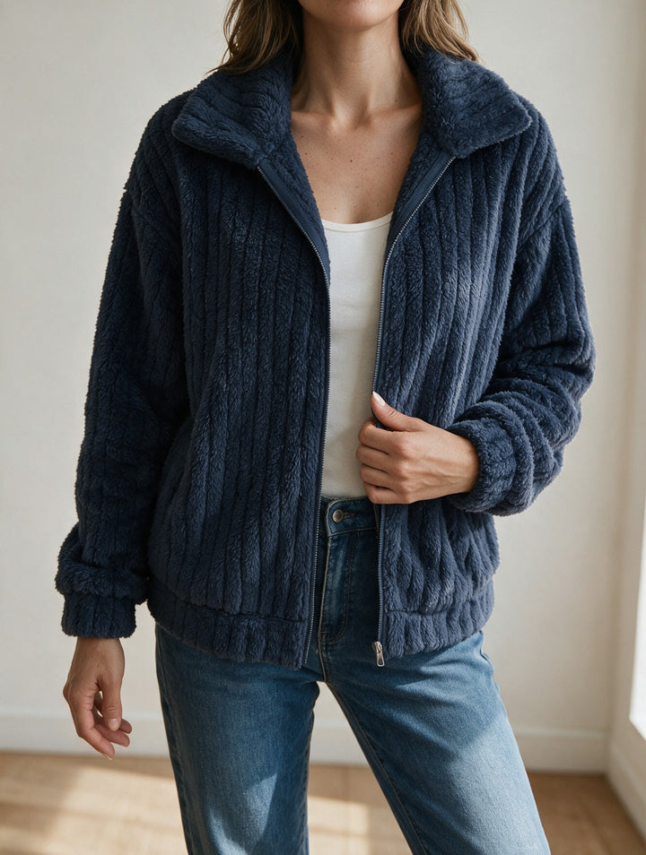 Cardigan Women Plush Knit Jacket | Wide Collar with Zip – Navy hero#color_navy