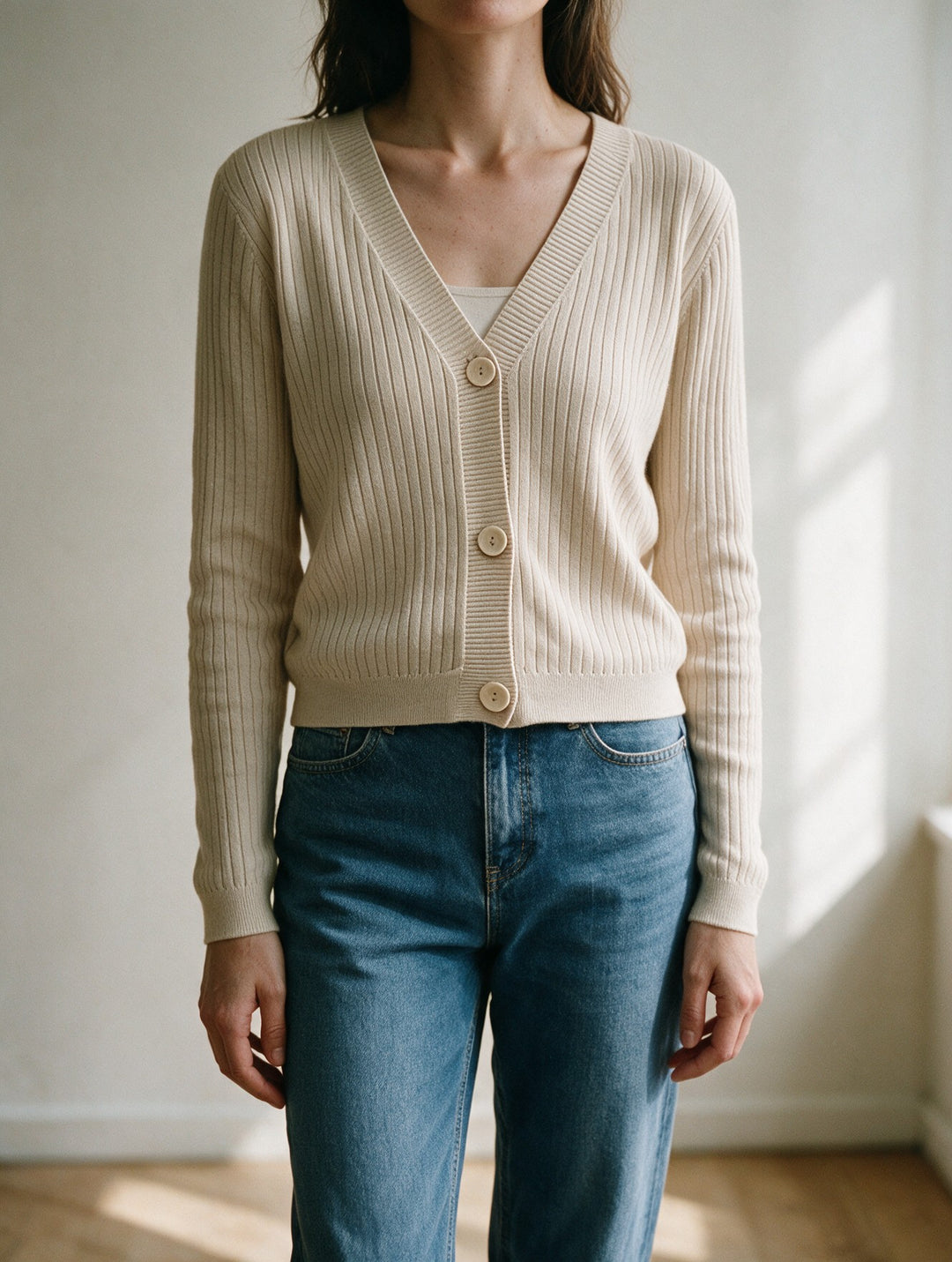 Cardigan Women Ribbed Cotton | V-Neck Button Front – Beige hero#color_beige