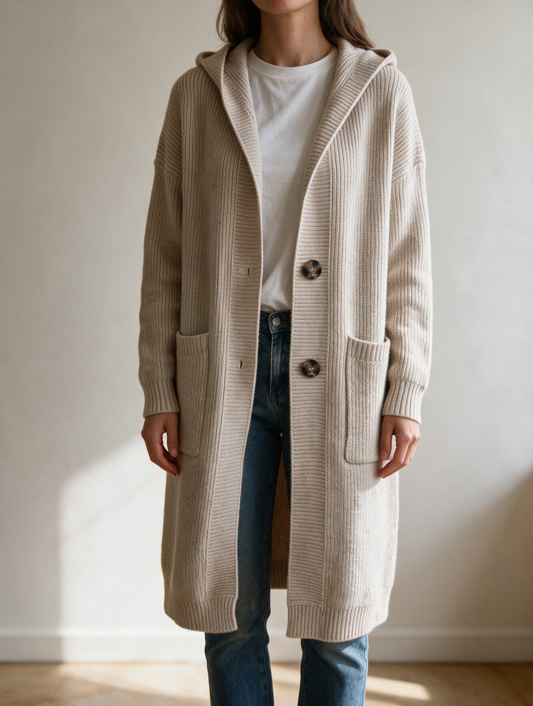 Cardigan Women Long Hooded | Button Front with Pockets – Oatmeal hero#color_oatmeal