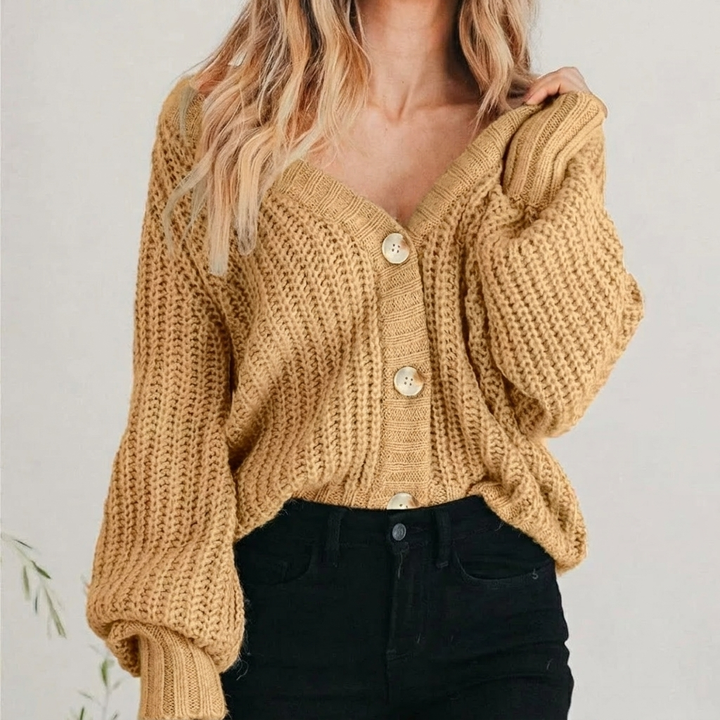 Cardigan Women Cropped Rib Knit | Big Buttons and Balloon Sleeves – Mustard#color_mustard