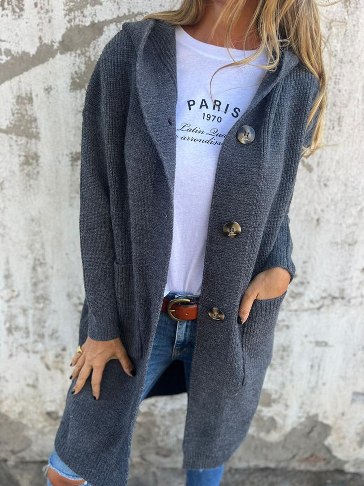 Cardigan Women Long Hooded | Button Front with Pockets – Charcoal Blue#color_charcoal-blue